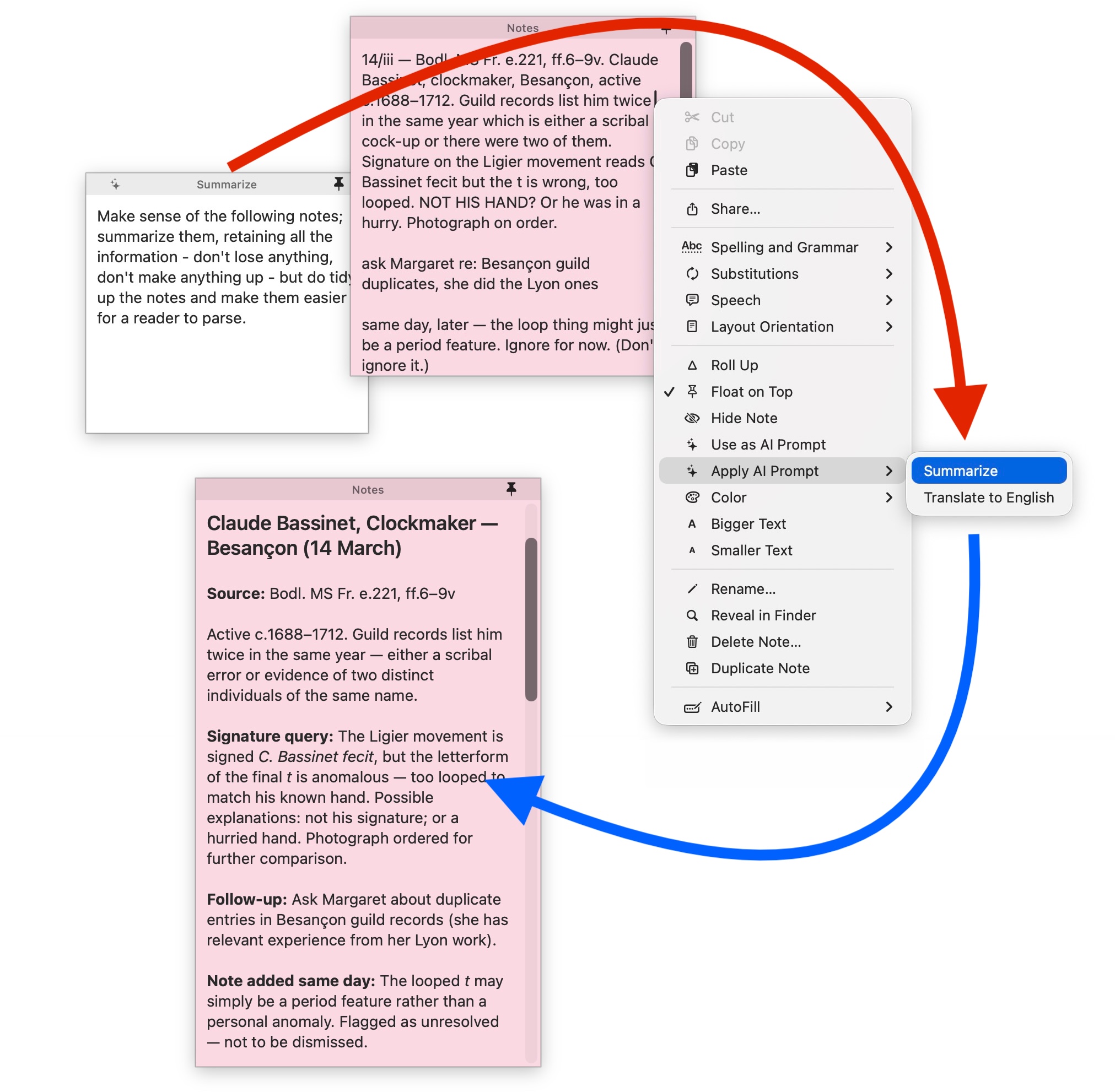 Screenshot of a sticky note turned into an AI prompt and then applied to another note