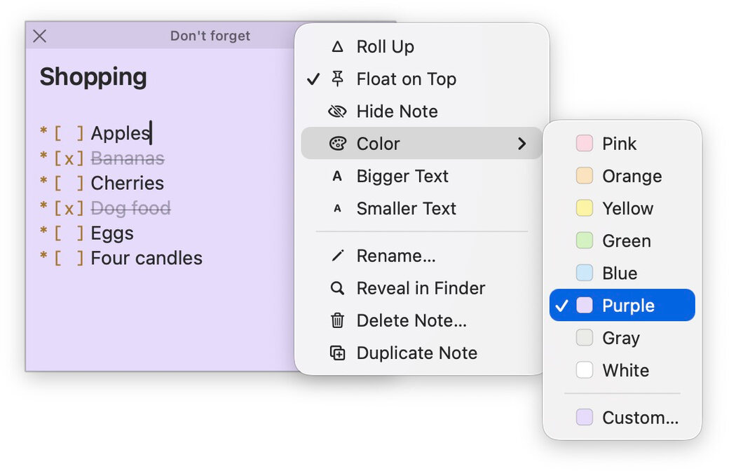 StickUp's colour menu showing the note palette and custom option