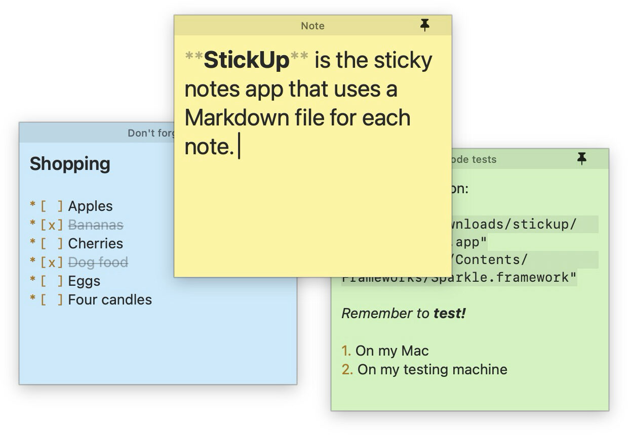 A StickUp note showing rendered Markdown next to a checklist and code