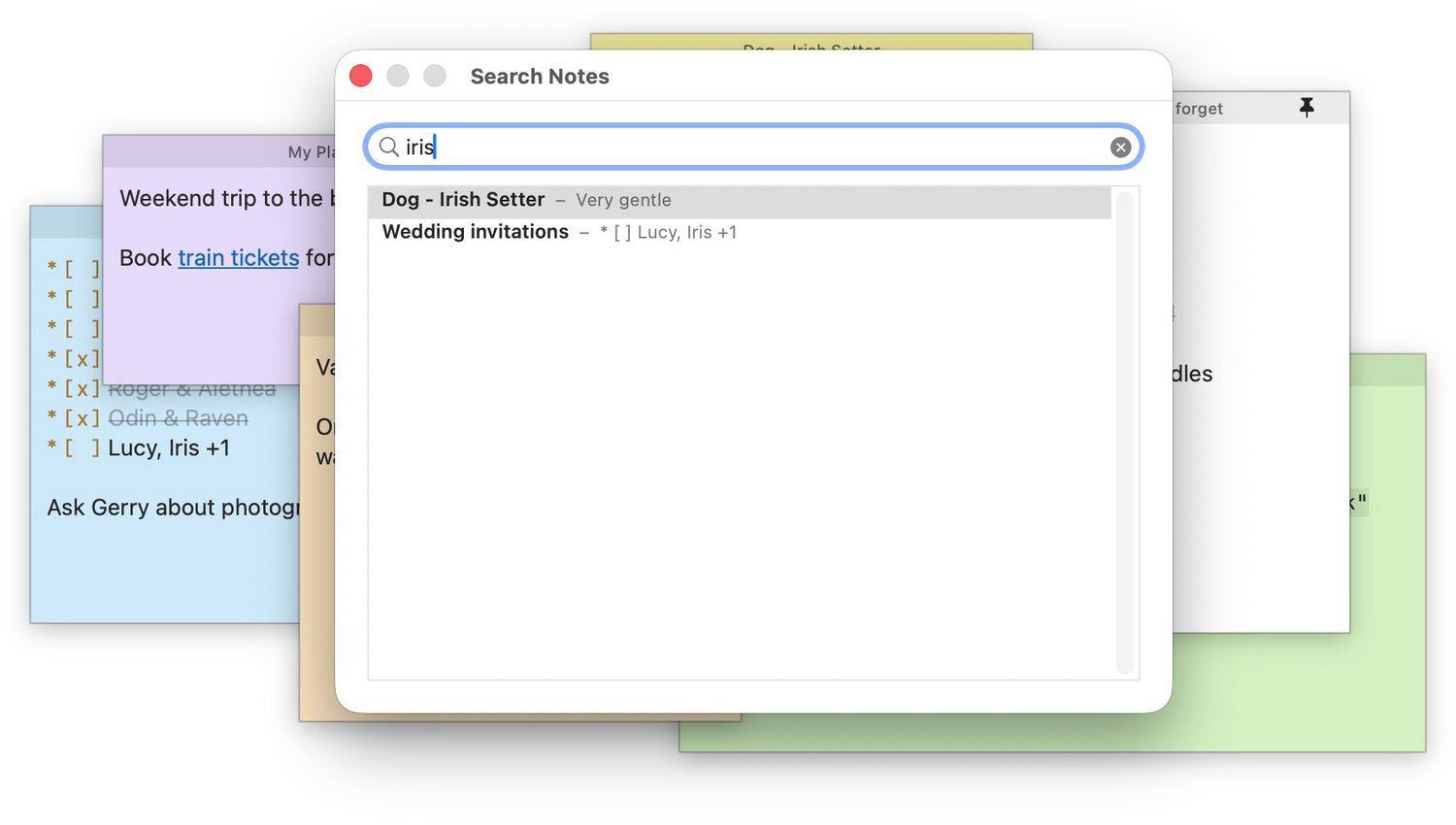 StickUp's global search finding a term across every note