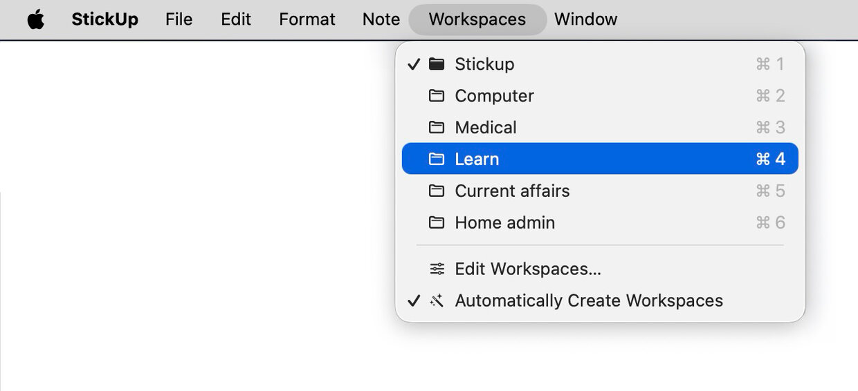 The StickUp Workspaces menu listing several folders